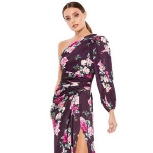MACDUGGAL 2634 Plum Floral Print One Sleeve Gown size 16.